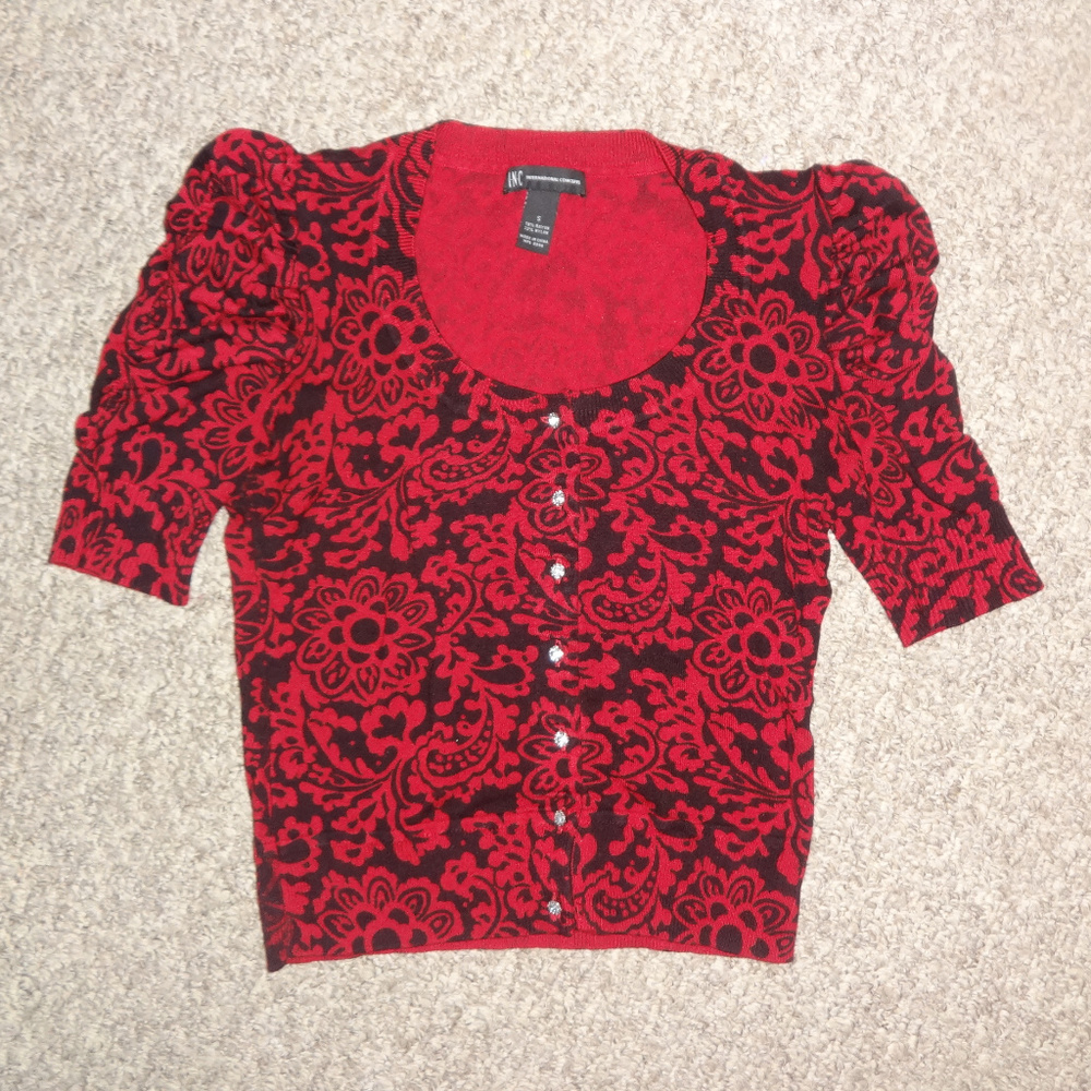 INC Red and Black Ruched Puff-Sleeve Sweater!